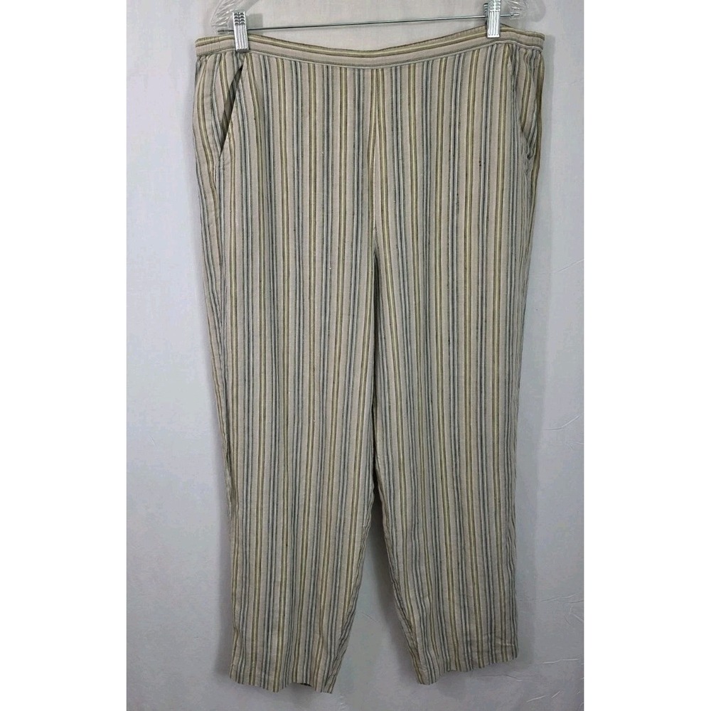 Coldwater Creek Linen Wide Leg Pants Sz. Large Pull On Striped Tan Pockets